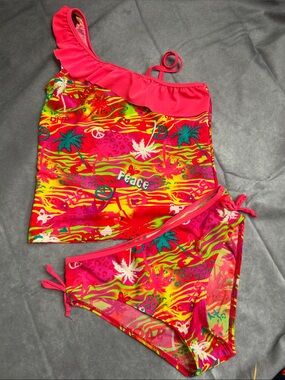 Surf Zone Girls' Hot Pink Tropical Print Tankini Swim Set - Peace Motif 14-16